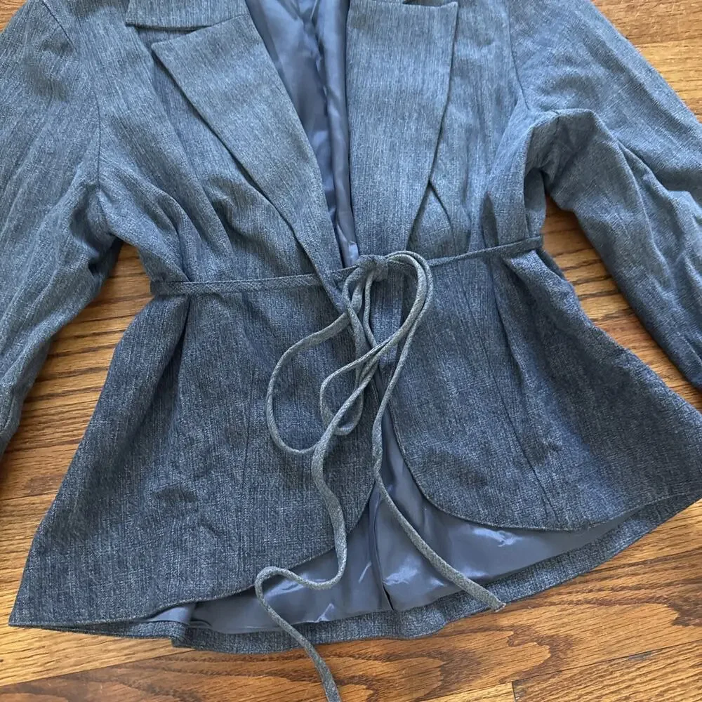 ANNE FONTAINE Denim Notch-Lapel Jacket w wrap-around Tie French Cuff Blue size 4 - Picture 2 of 10